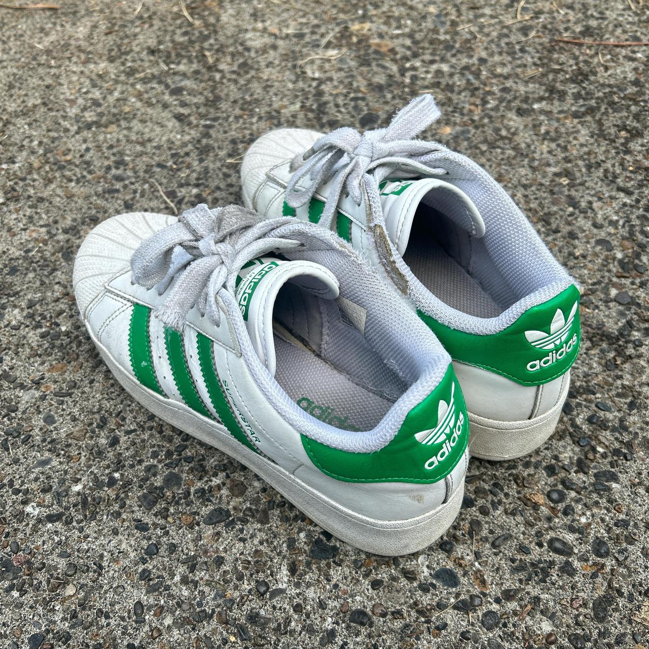 Adidas originals white and green Superstar trainers. Depop