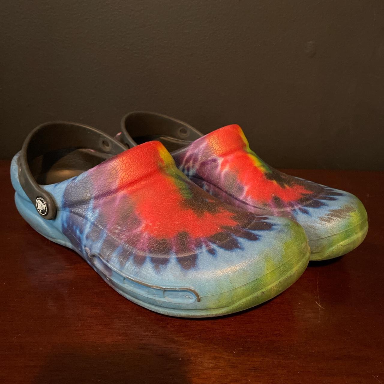 rainbow tie-dye Crocs with no holes, US size