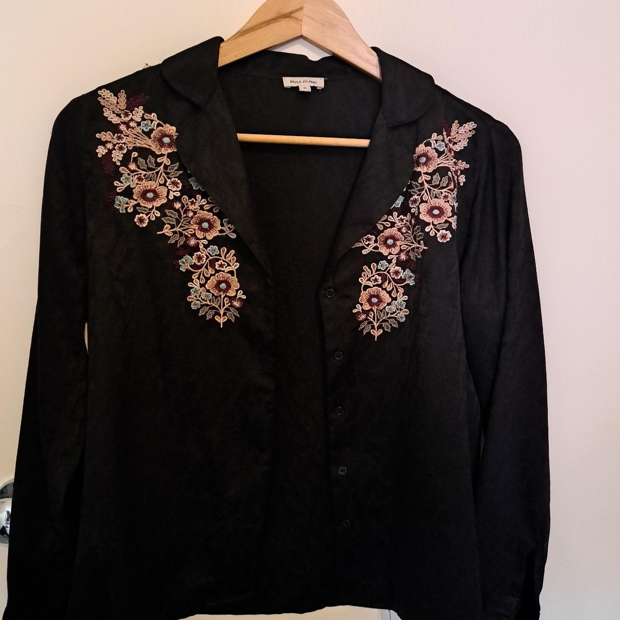 River Island black shirt with floral embroidery in... - Depop