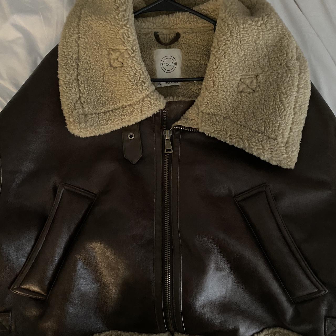 Leather fur jacket -brown -comfortable... - Depop