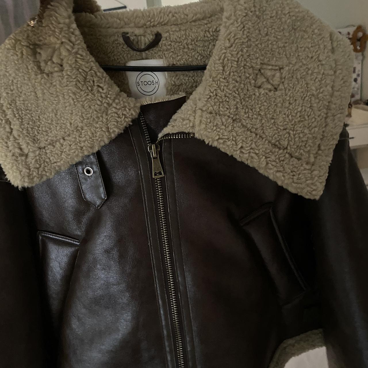 Leather fur jacket -brown -comfortable... - Depop