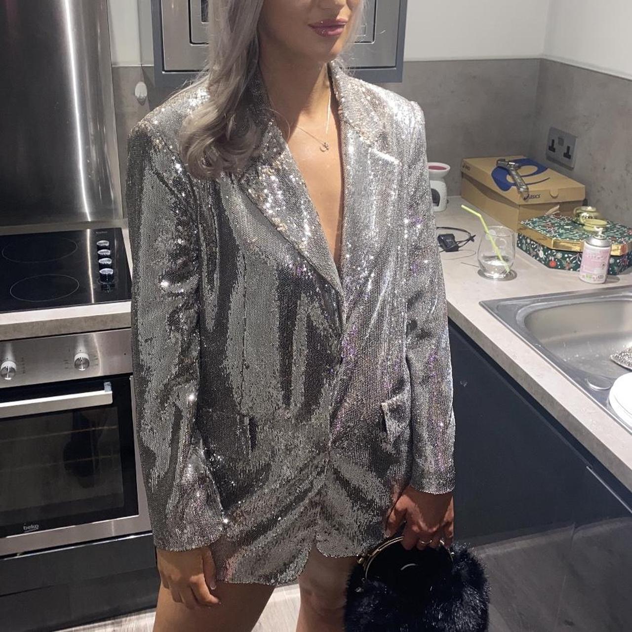 Zara Silver sequin oversized blazer Worn twice Depop