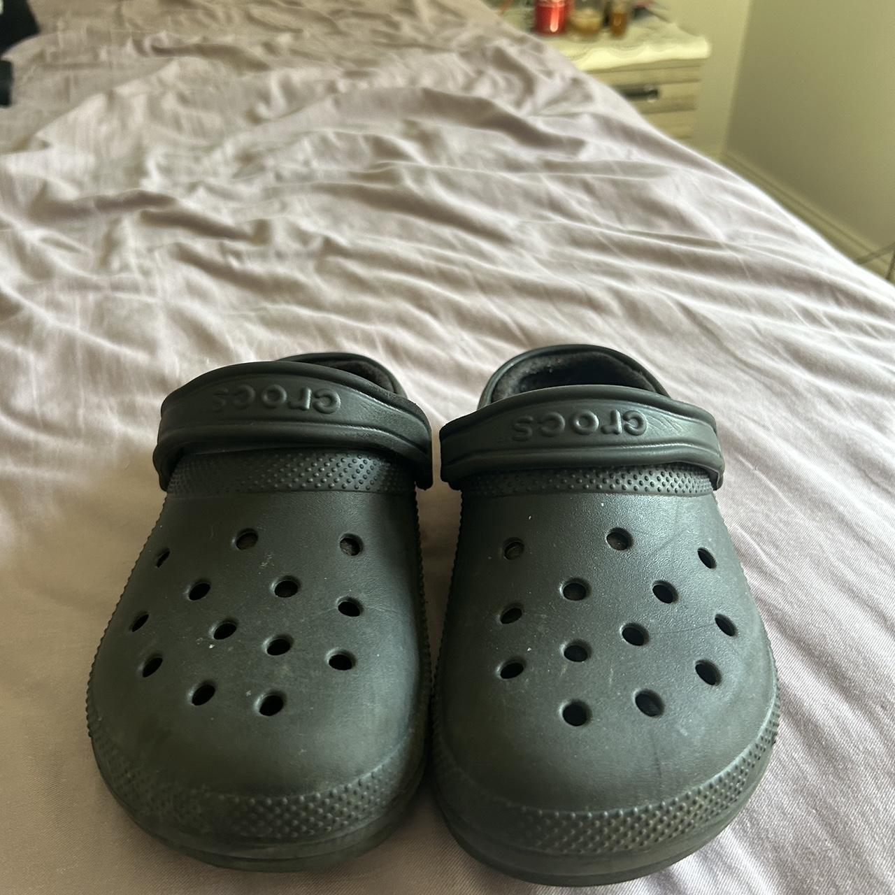 black fuzzy crocs really worn size 7 in woman’s size... - Depop