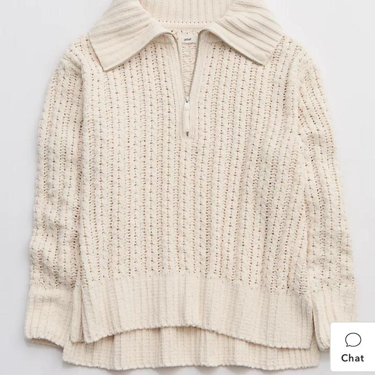 Aerie white/cream knit quarter zip, super soft and... - Depop