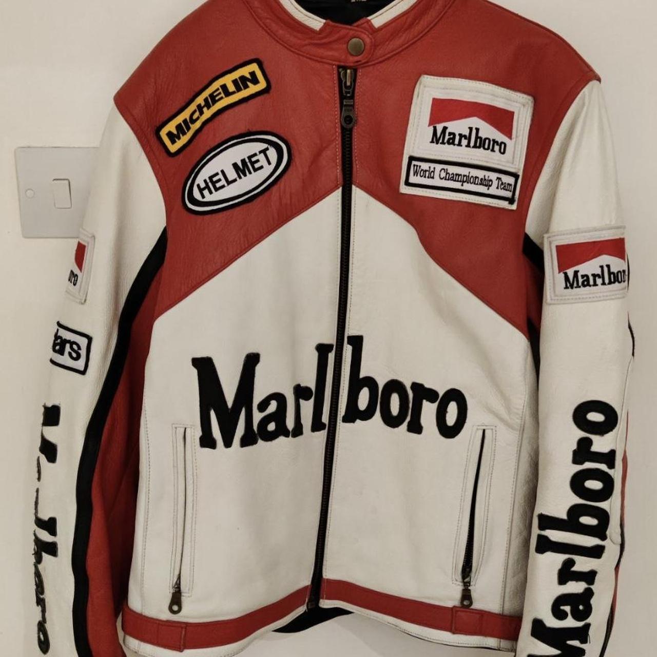 Marlboro Leather Jacket Red & White XL Fits like an... - Depop