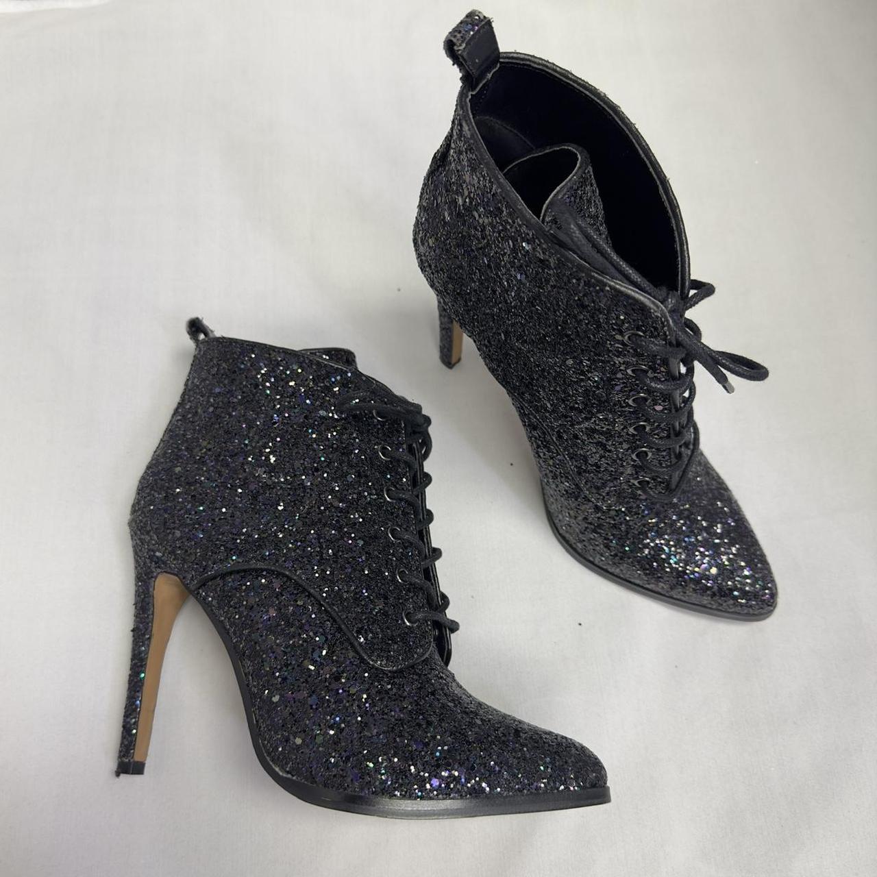 black glitter lace up high heel ankle boots. Depop