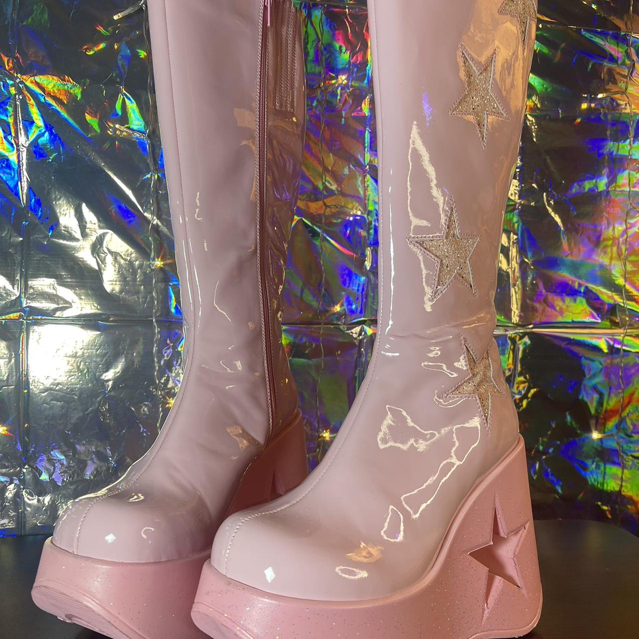 Demonia Pink Dynamite-218 Knee High Boots Star Heels... - Depop