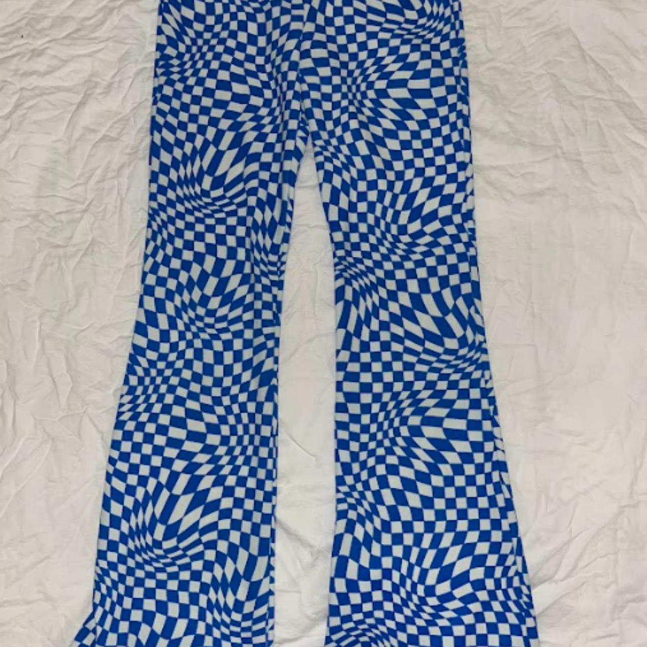 blue and white checker print flare pants - Depop