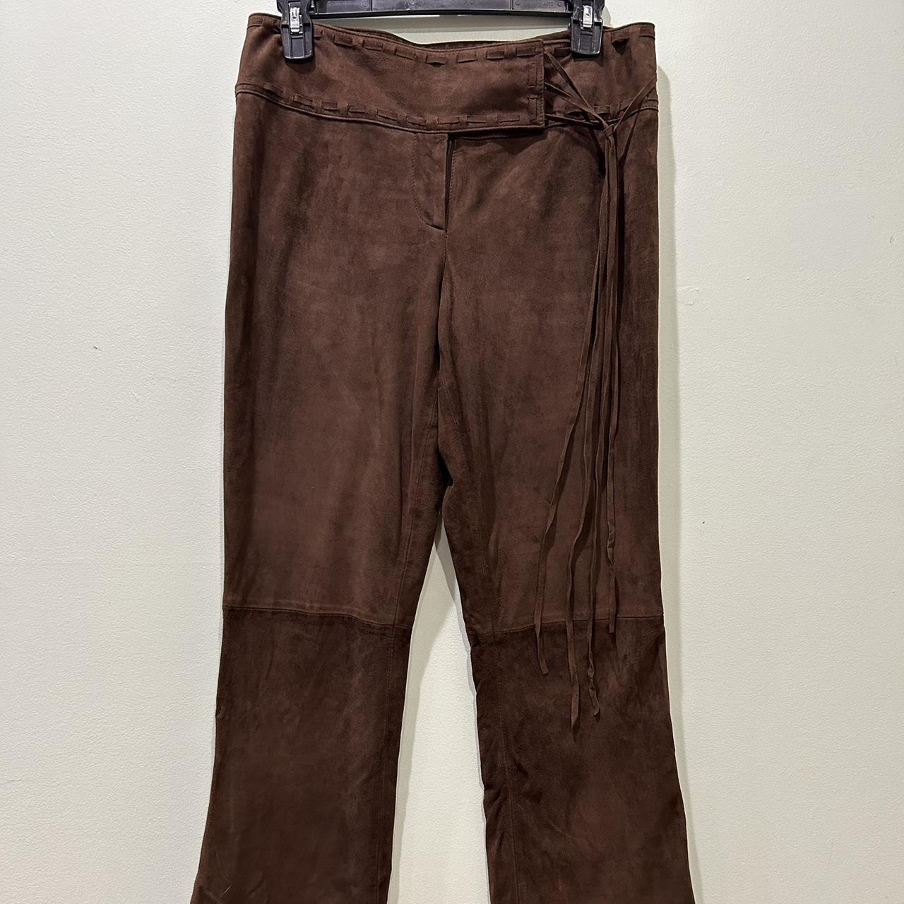 Brown suede two toned pants by brand cashe size 6 - Depop