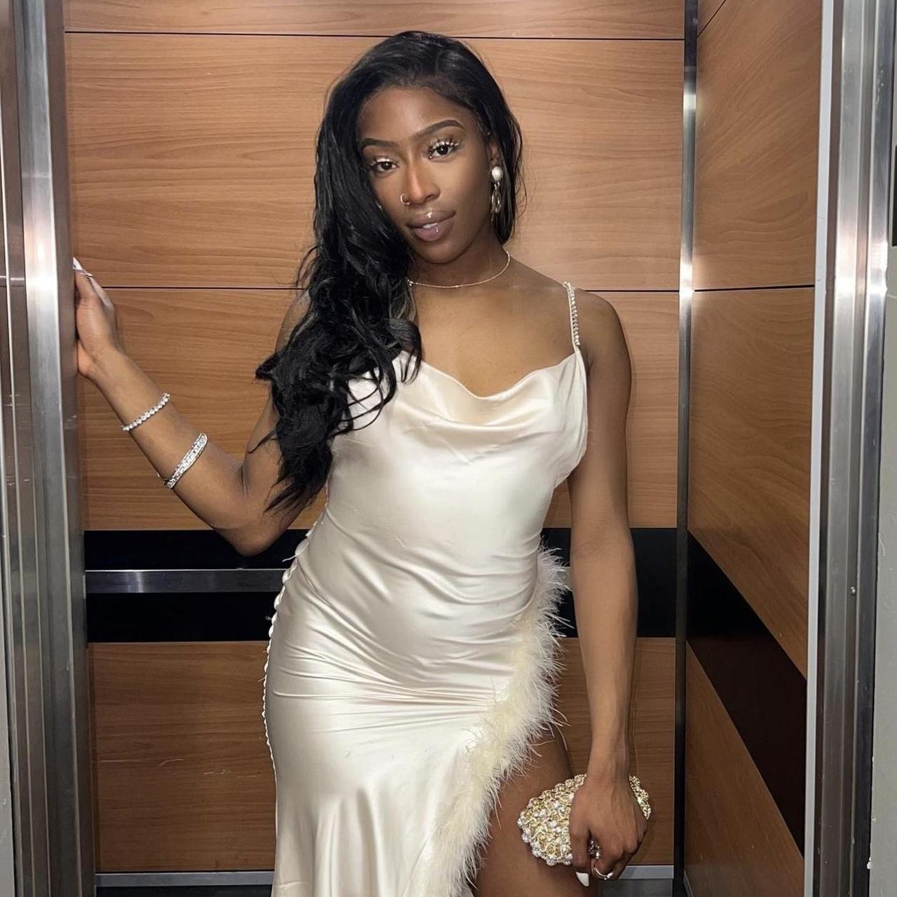 Isabella Feather Trim Satin Gown Cream Depop