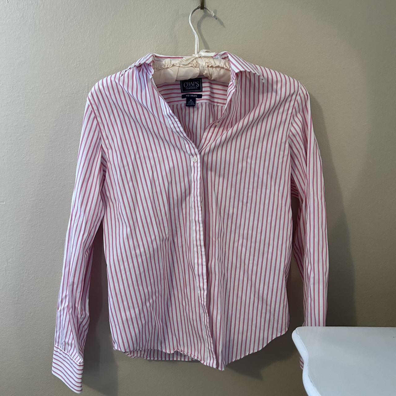 Chaps Women's Pink Striped No Iron Button Up Shirt - Depop