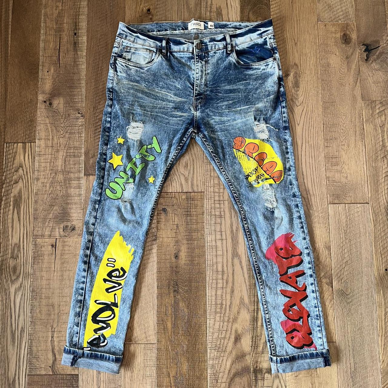 FWRD Denim Mens Jeans Distressed Graffiti Paint... - Depop