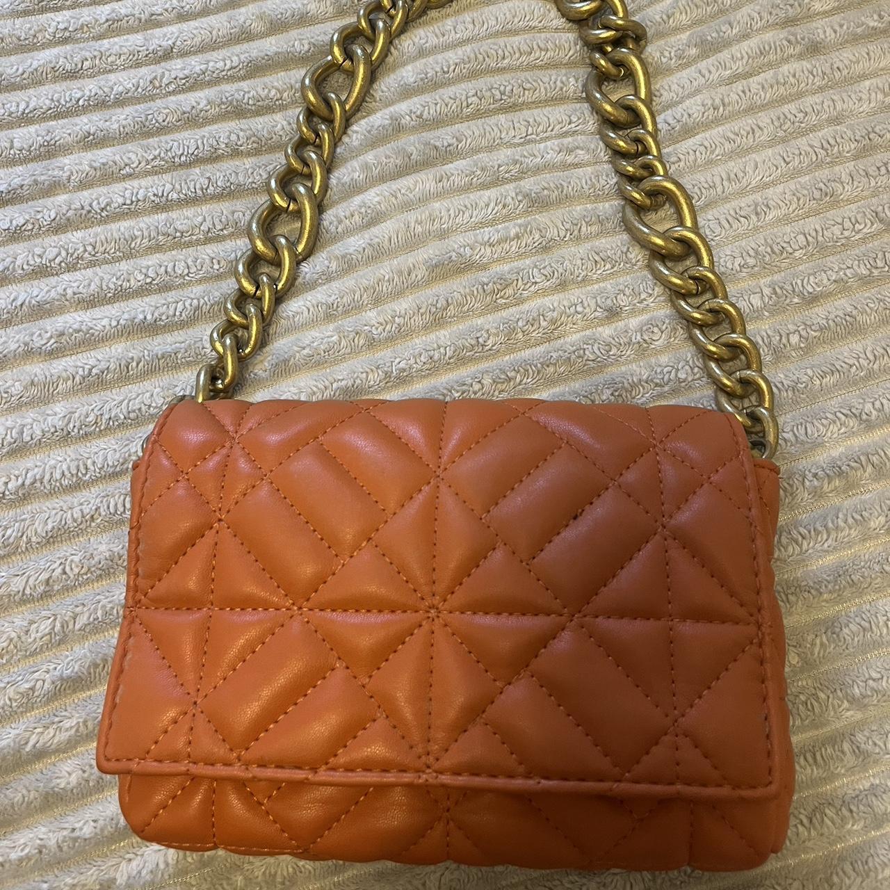 Zara orange quilted shoulder bag with chain, in... - Depop