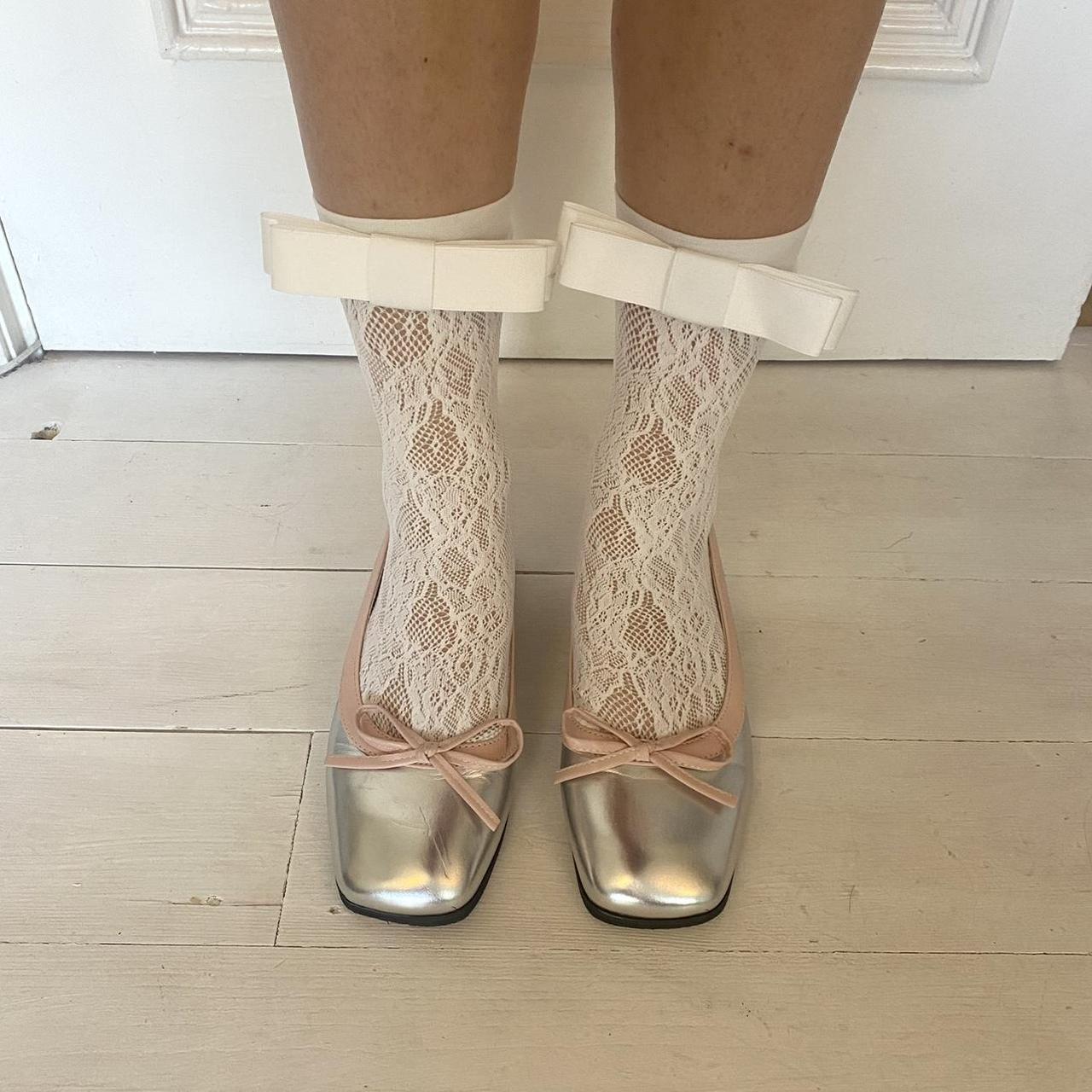 white fish net socks with bow detail so... - Depop
