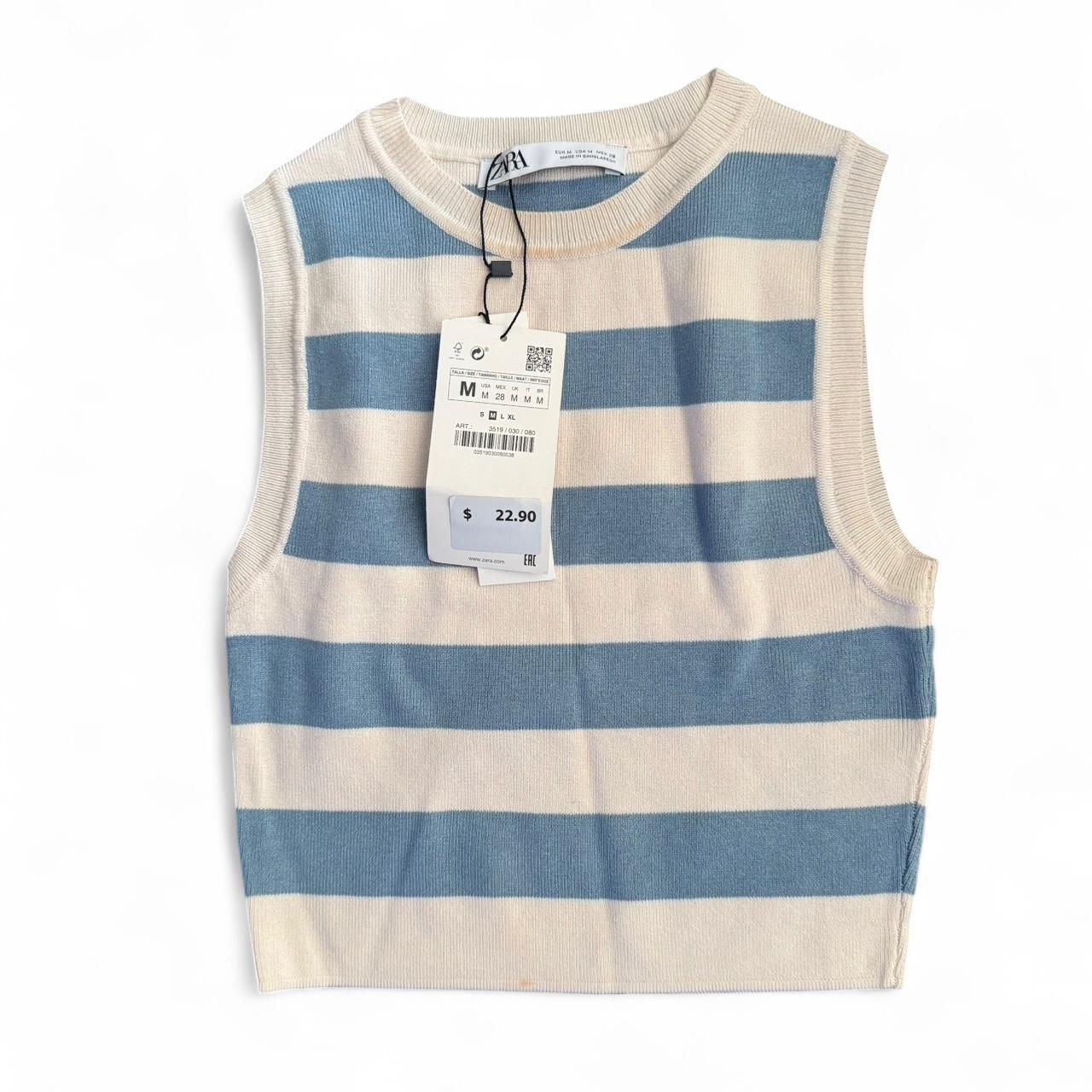 Zara Women's Blue and white striped knit vest Depop