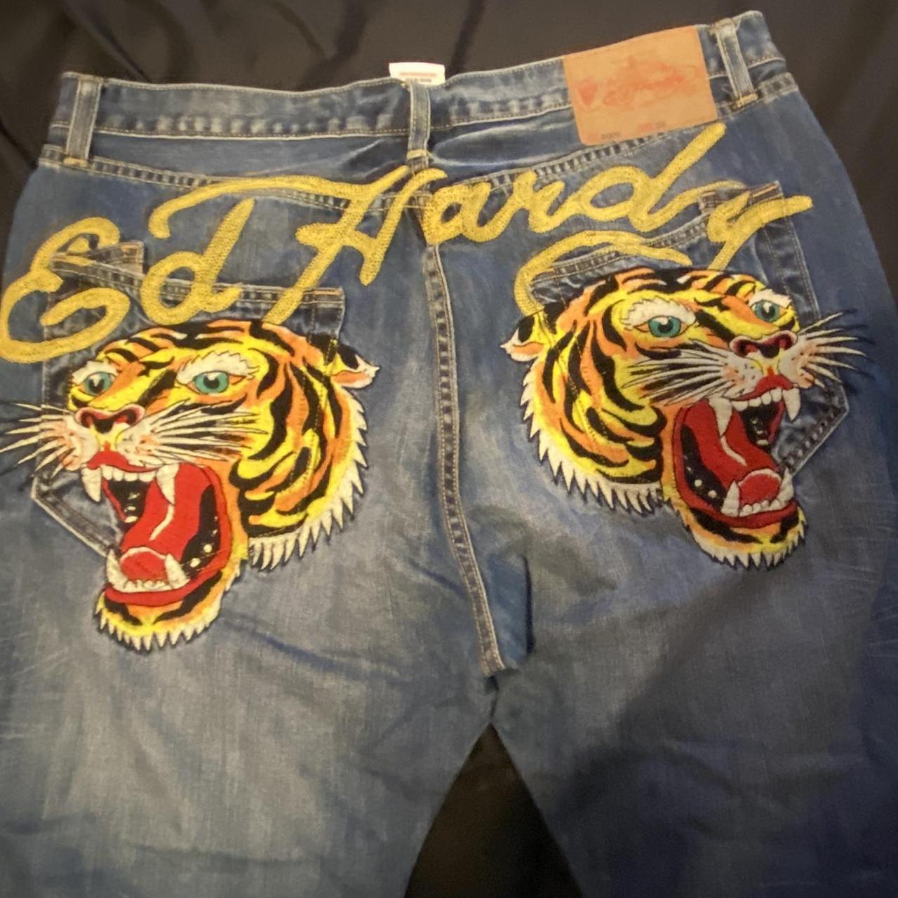 Ed Hardy online 2007 Tiger Embroidered. Screen printed Denim Jeans Mens 35x29 EUC RARE