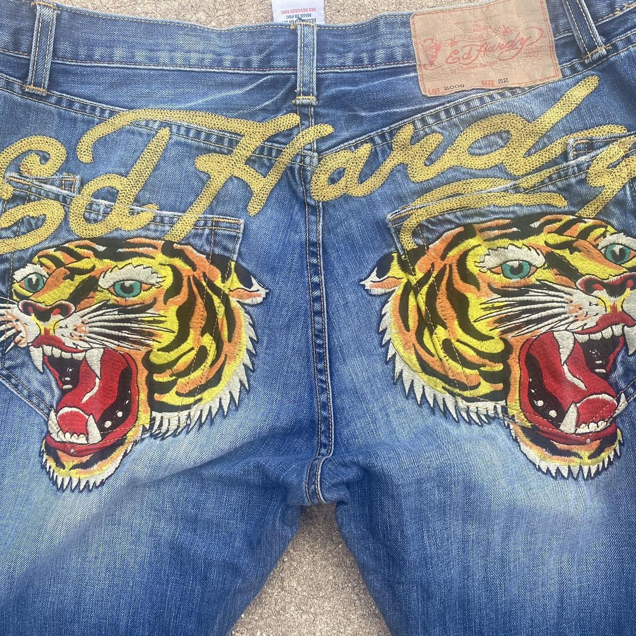 Ed deals Hardy Embroidered Tiger Denim Shorts