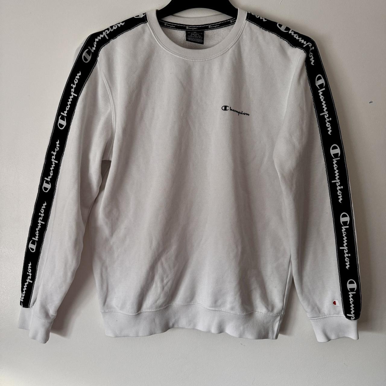 Champion white and black crewneck jumper. Size. Depop