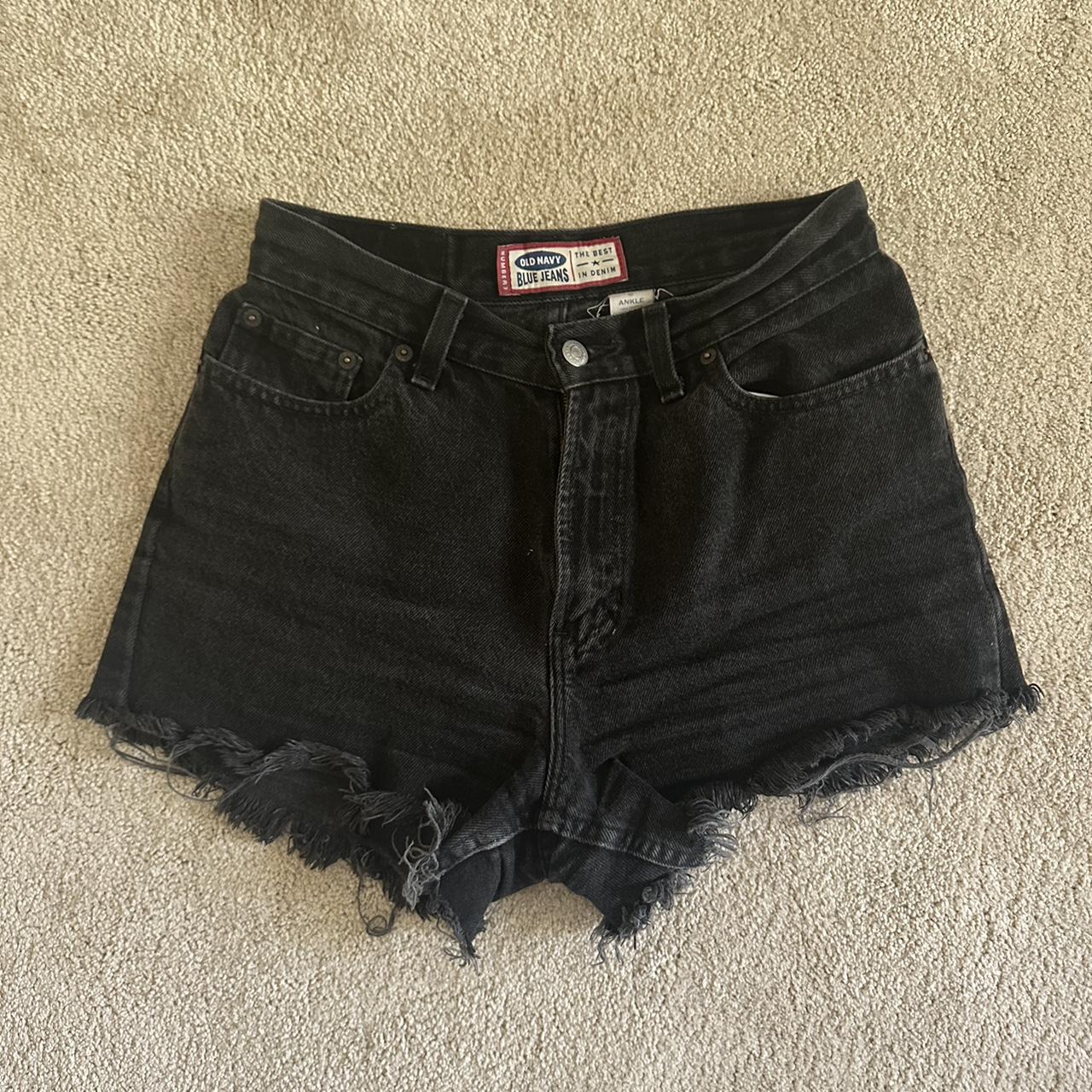 Black denim shorts with a raw hem Depop
