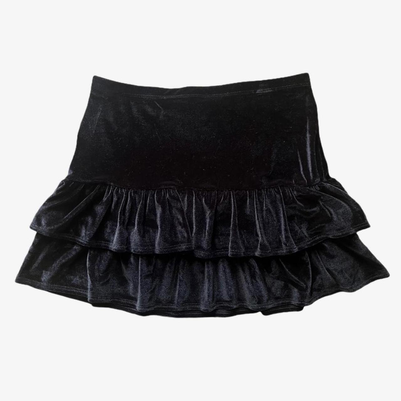 Black Velour Mini Skirt Soft a-line ruffle layered... - Depop