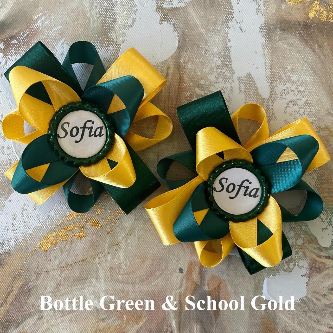 x2 Bottle Green & School Gold personalised bows on... Depop