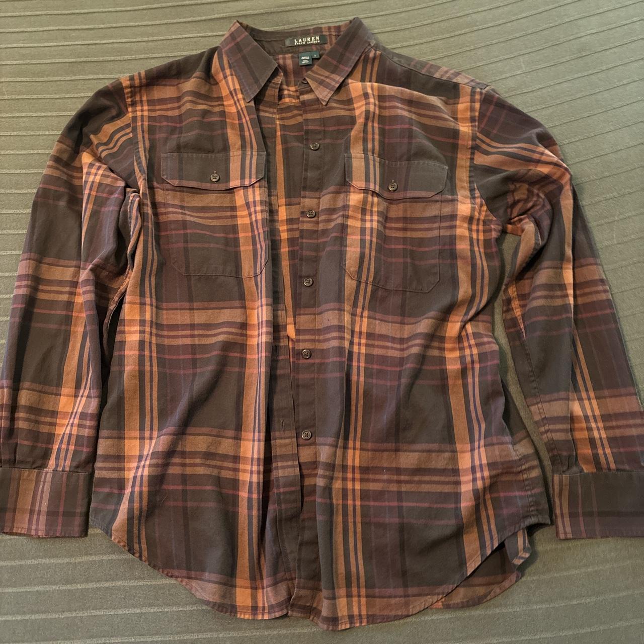 brown and orange plaid button down, with elbow... - Depop