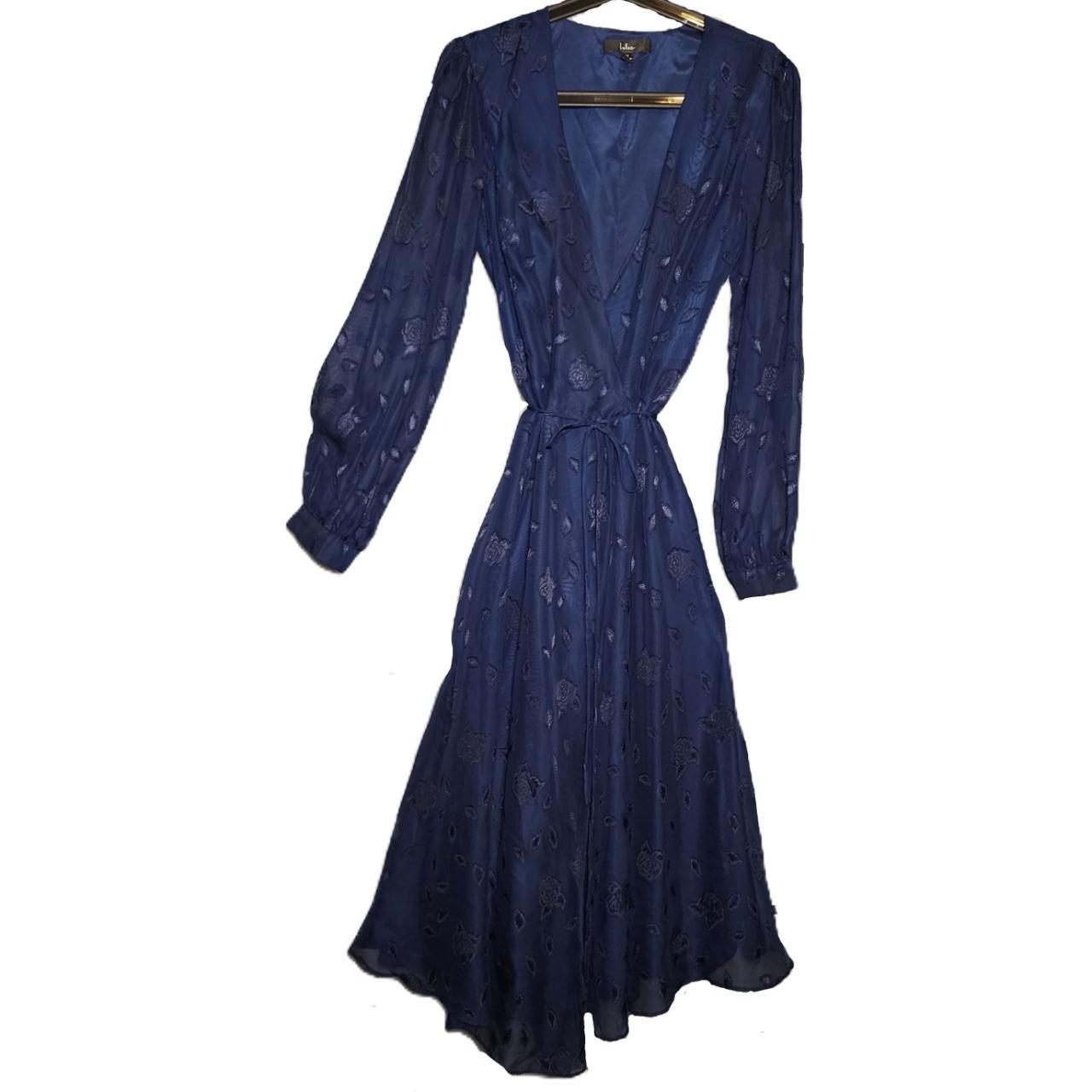 Lulu's store Evening of Elegance Navy Blue Floral Jacquard Wrap Midi Dress