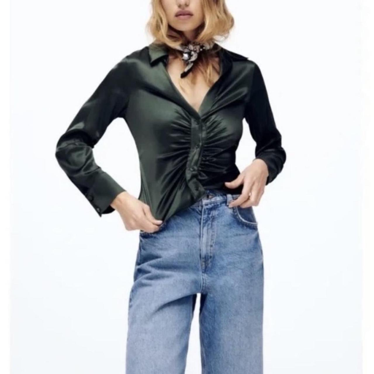 Zara fitted satin effect emerald green ruched