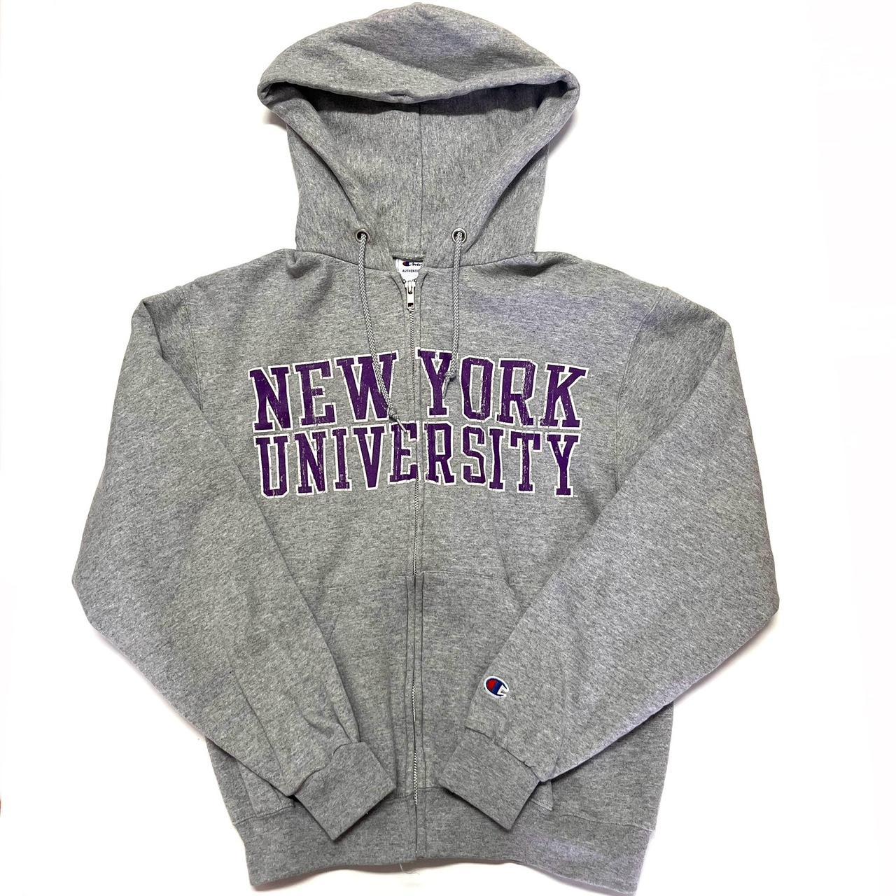 new york university gray champion zip up hoodie with... - Depop