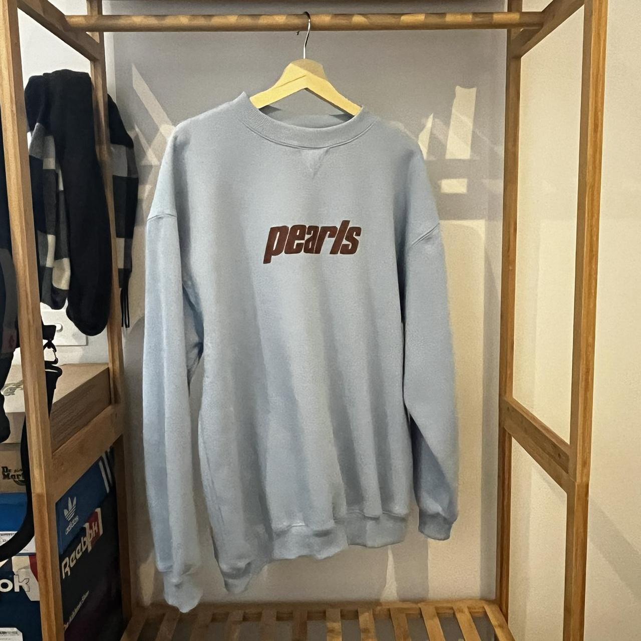 Pearls Logo Crewneck Jumper Light Blue and Brown,... - Depop