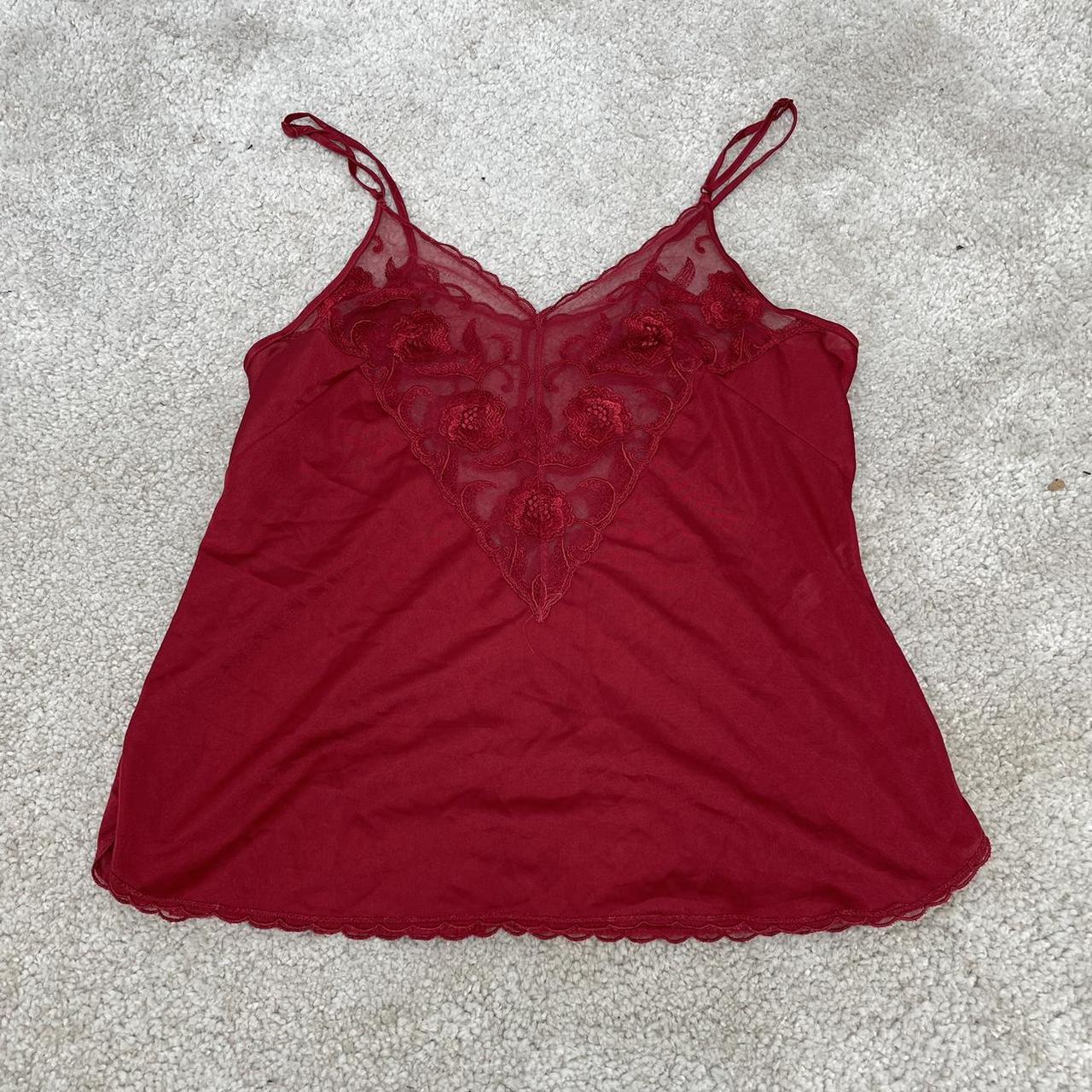 Vintage y2k red satin floral embroidery lace trim... - Depop