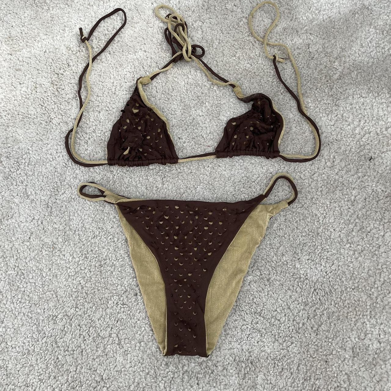 vintage brown gold bikini set. Triangle Halter neck... - Depop