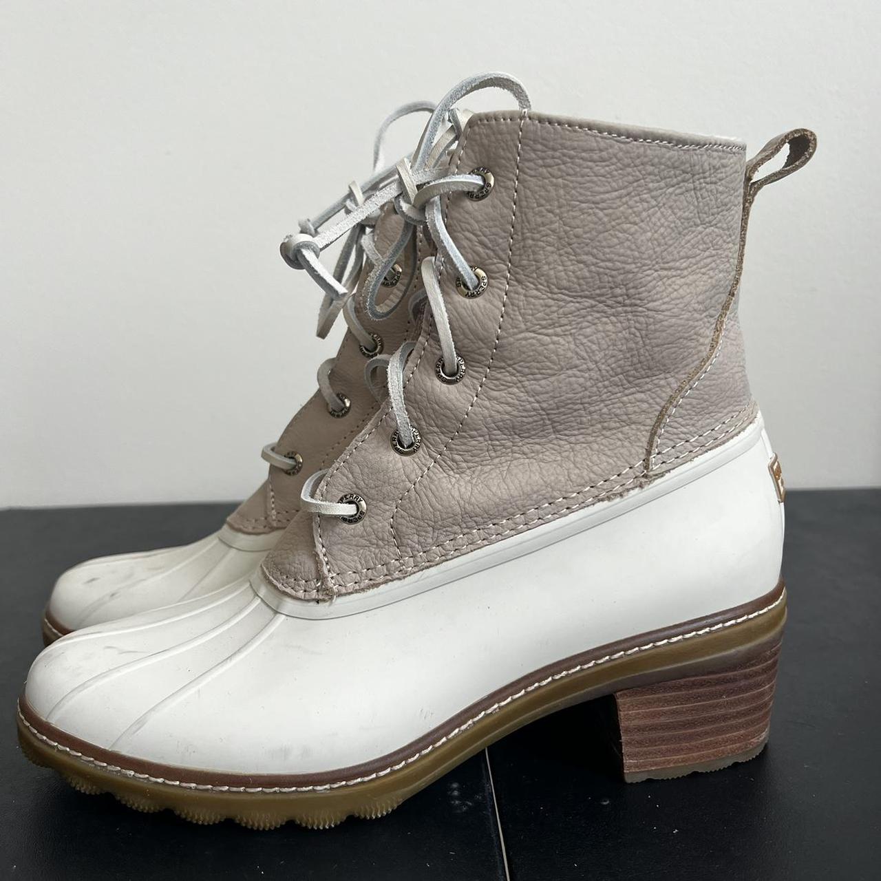 Sperry Women's Beige Leather Saltwater Heel Duck Ankle Rubber Outsole popular Boots