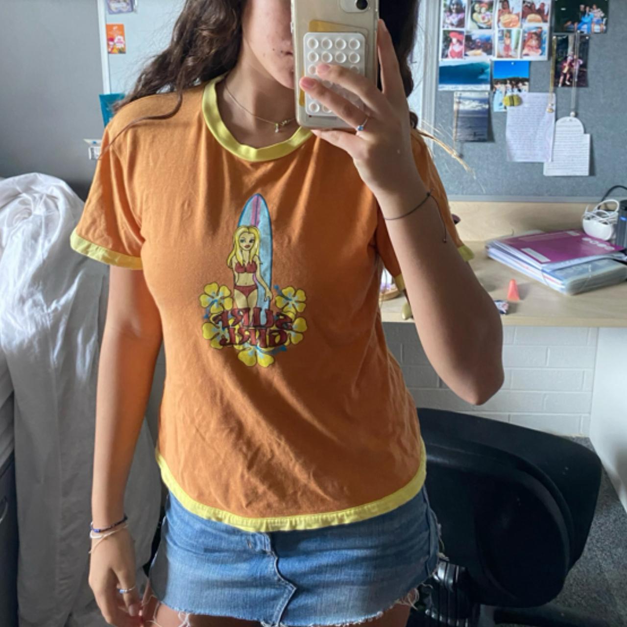 surfer girl' orange baby tee vintage y2k size... Depop