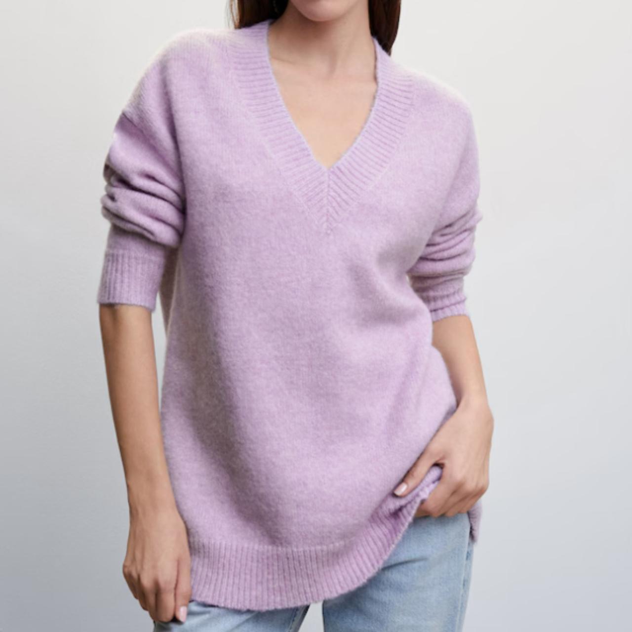 MNG Chunky knit V neck sweater Lilac Light pastel. Depop