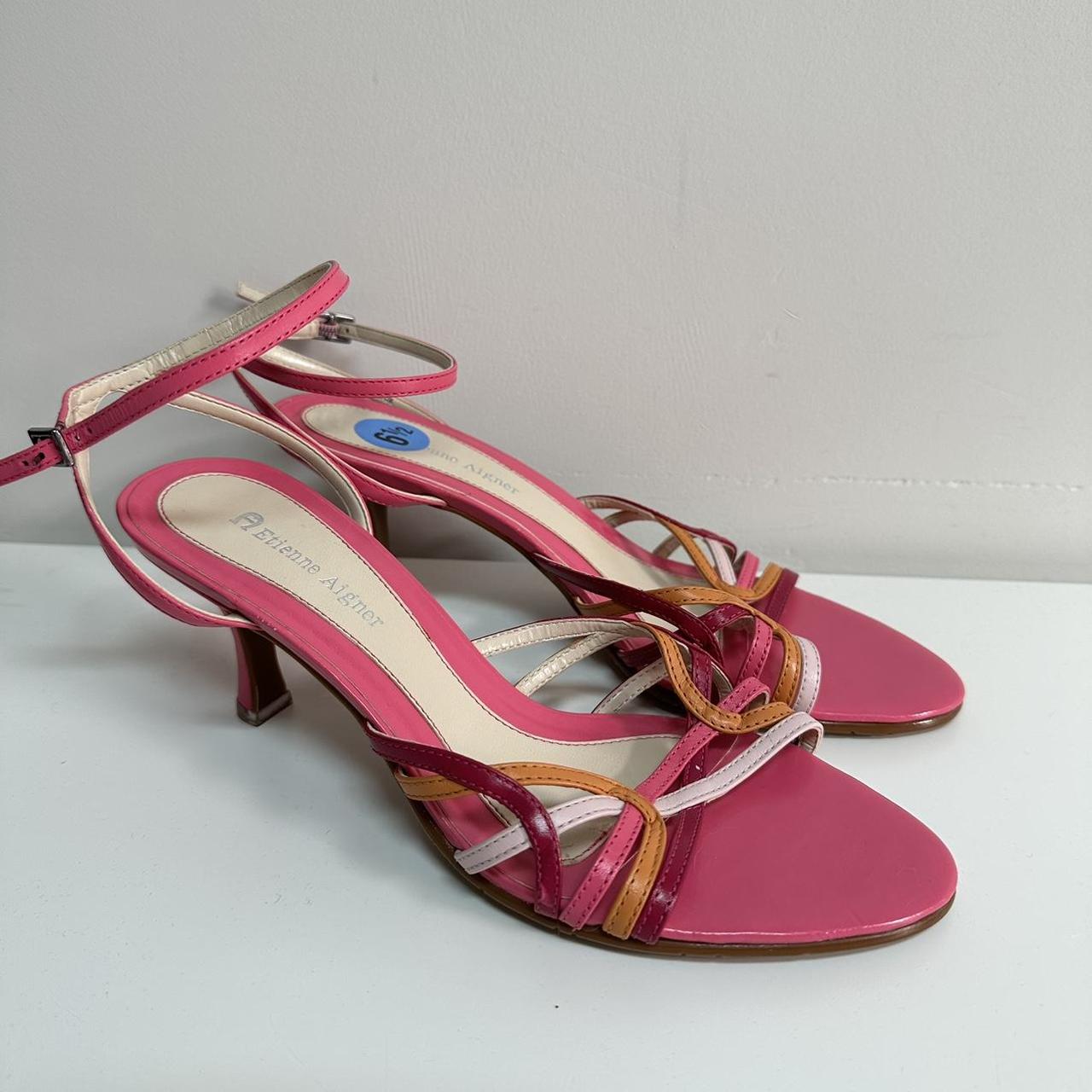 Etienne Aigner pink strappy kitten heels size... - Depop