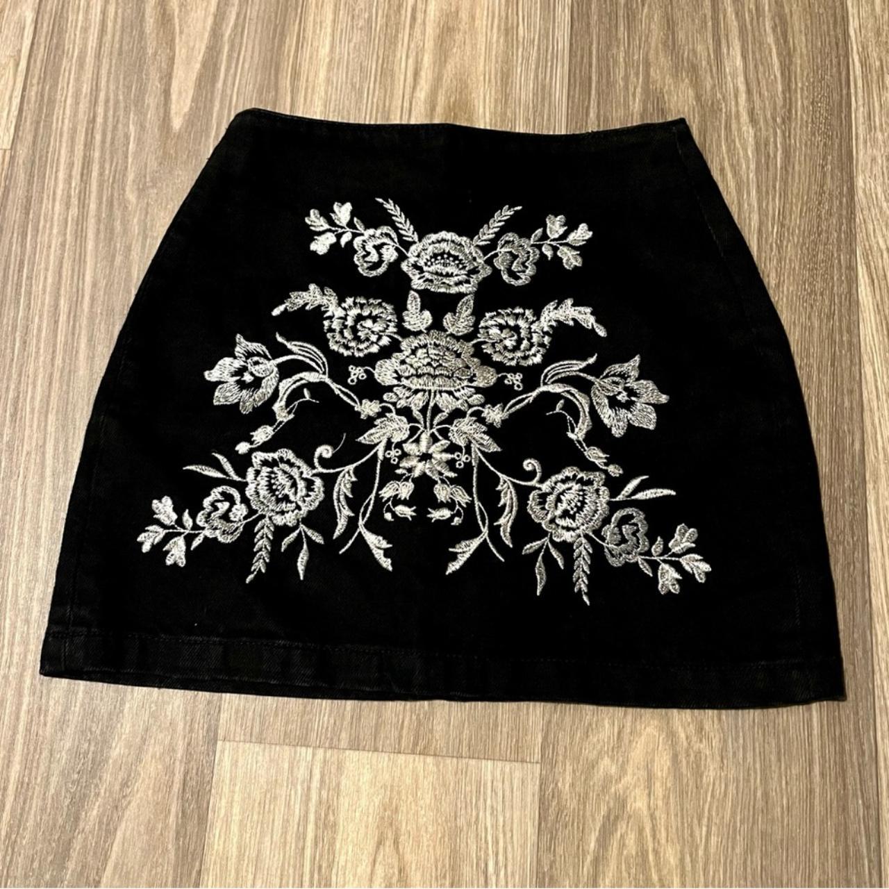 Black denim embroidered skirt best sale