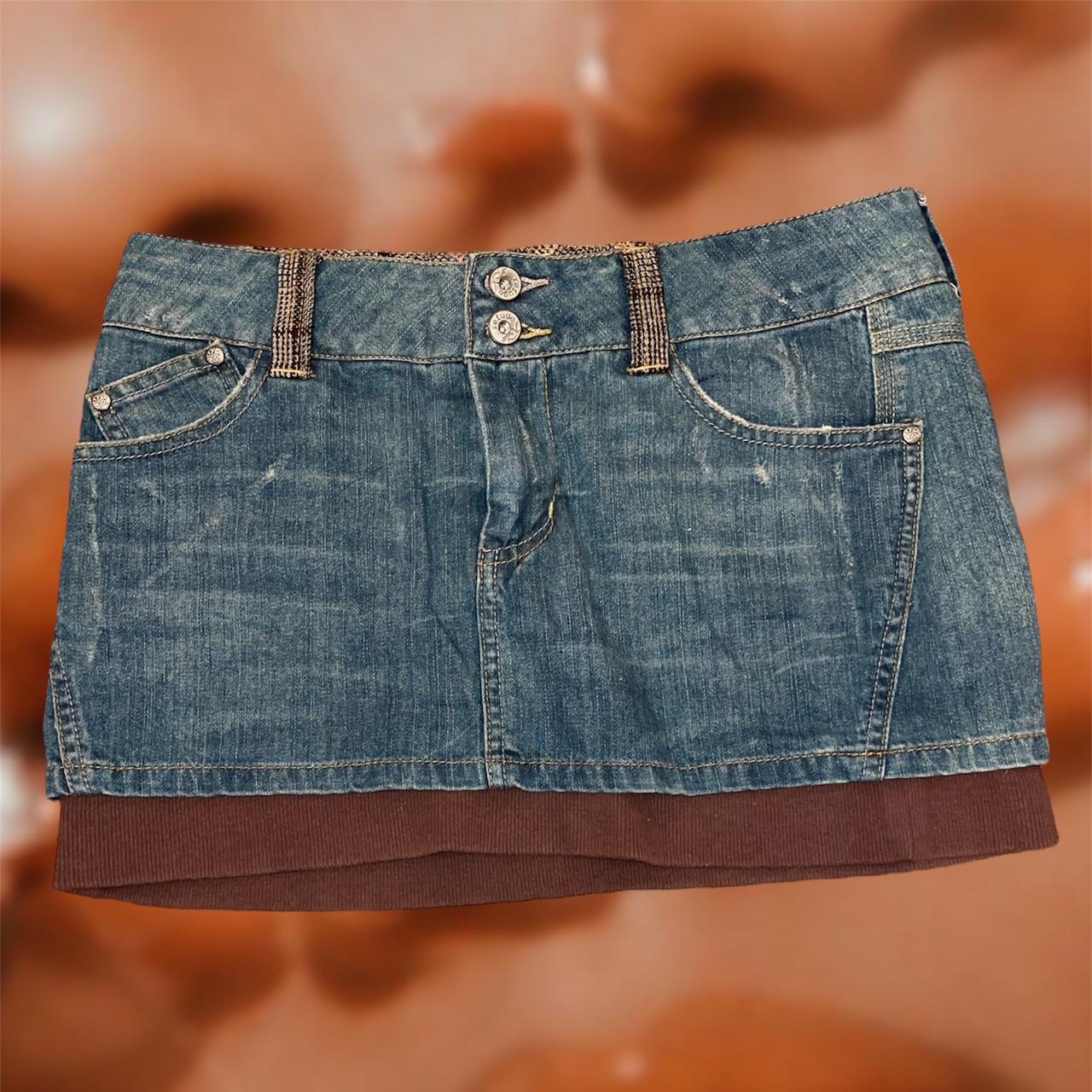 Refuge Y2k Mini Denim Skirt With A Brown Layered Hem Depop