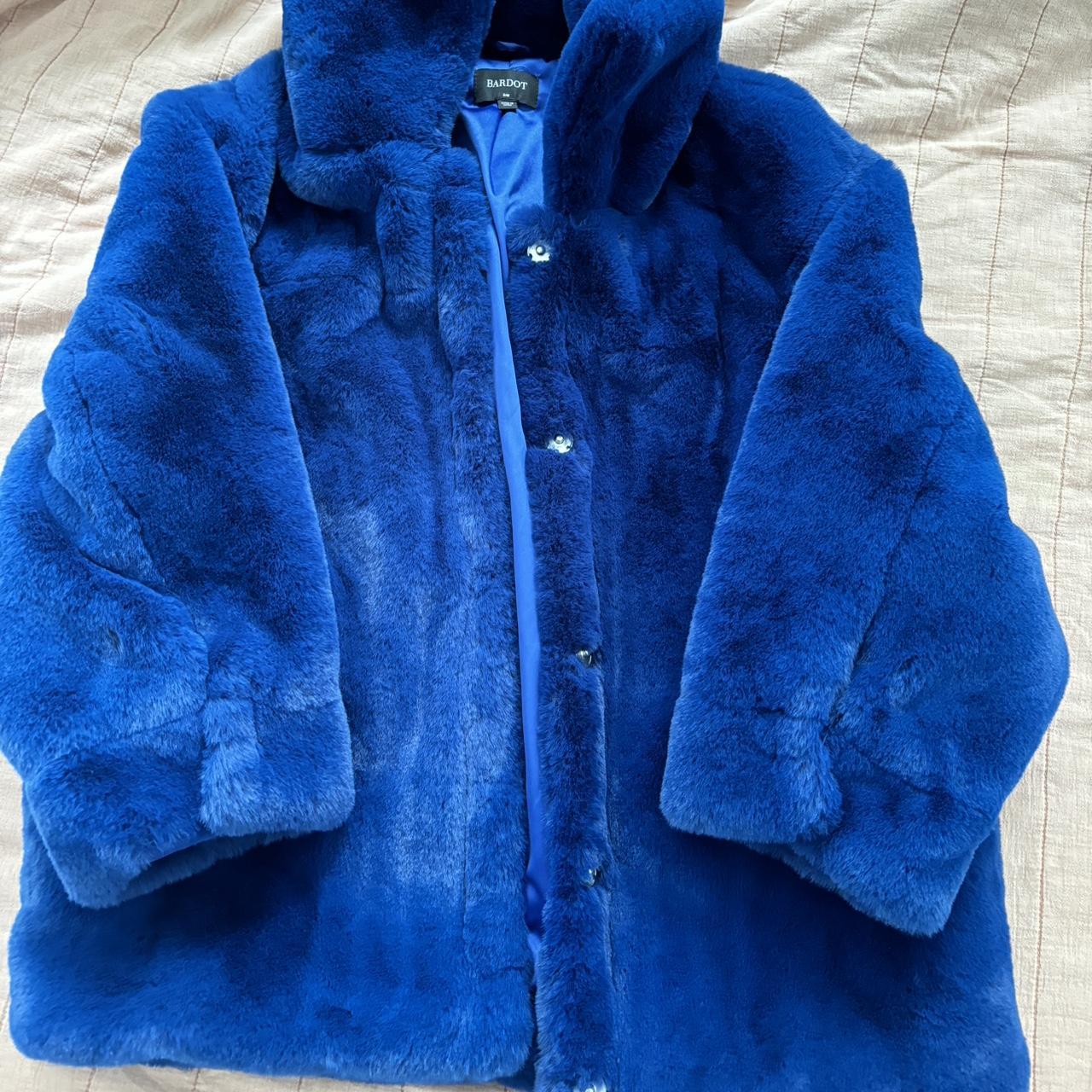 Bardot blue fluffy coat Never worn Great condition - Depop