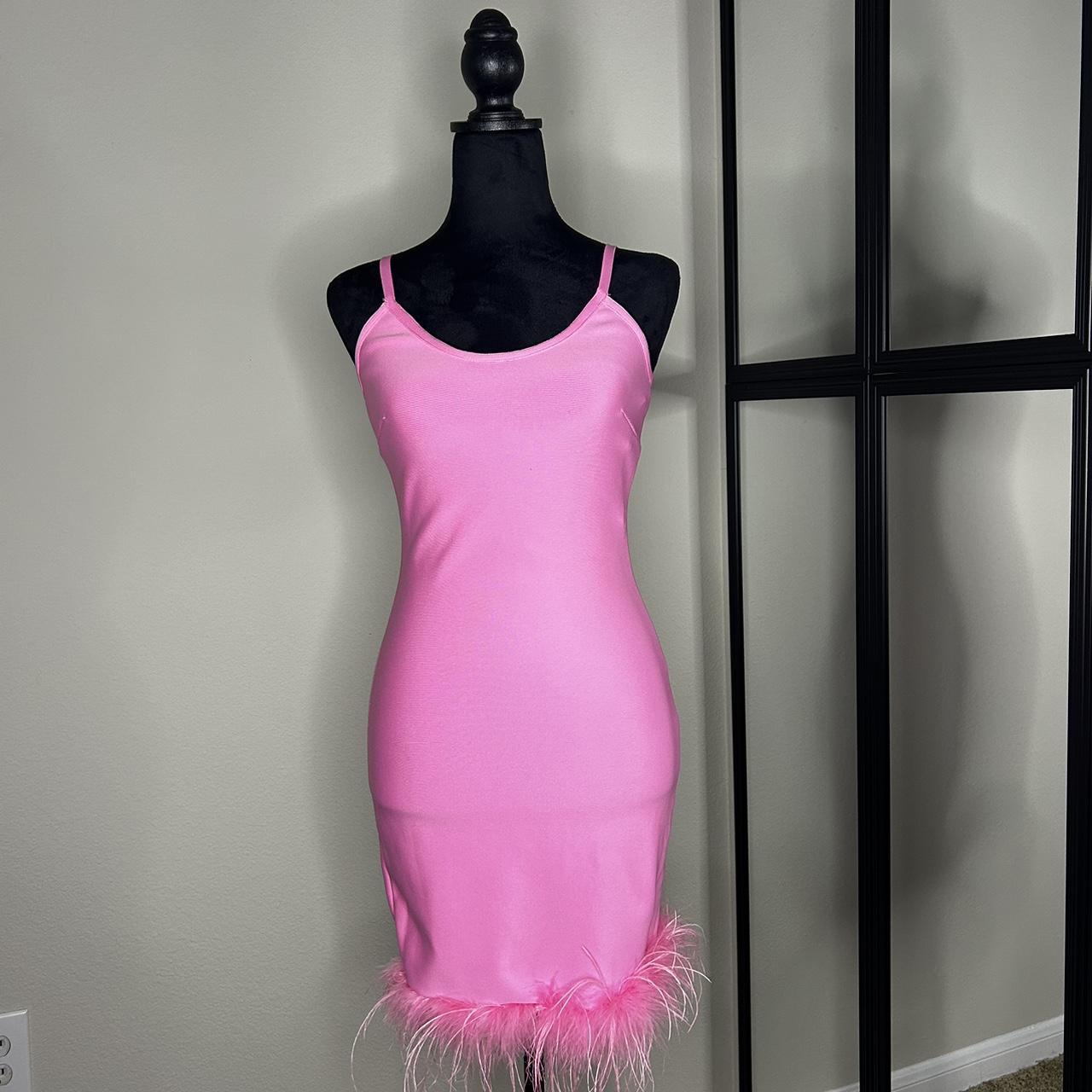 Small Pink Bodycon Dress W/Pink Fur Trim at the bottom Depop