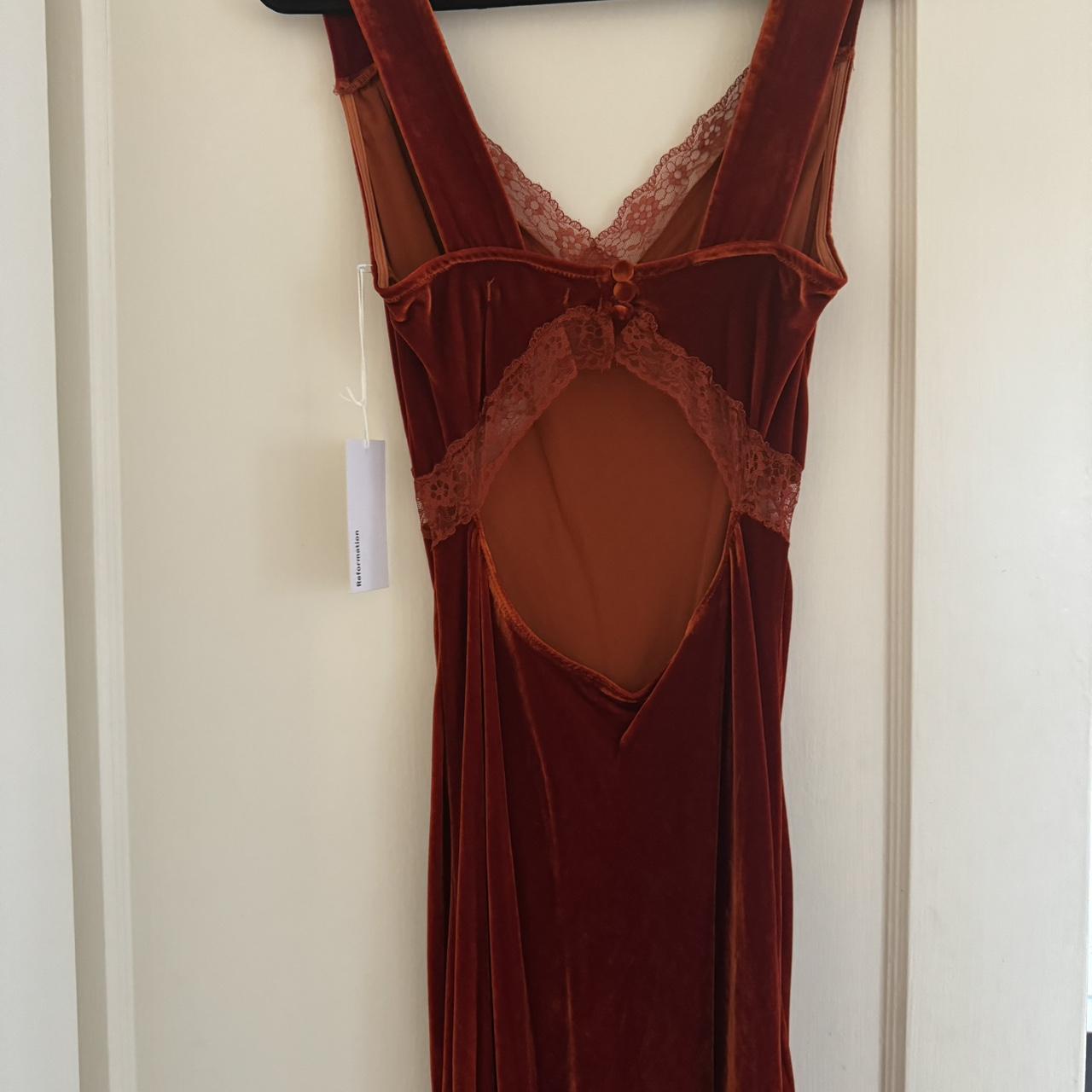 Blood orange velvet Reformation dress with lace... - Depop