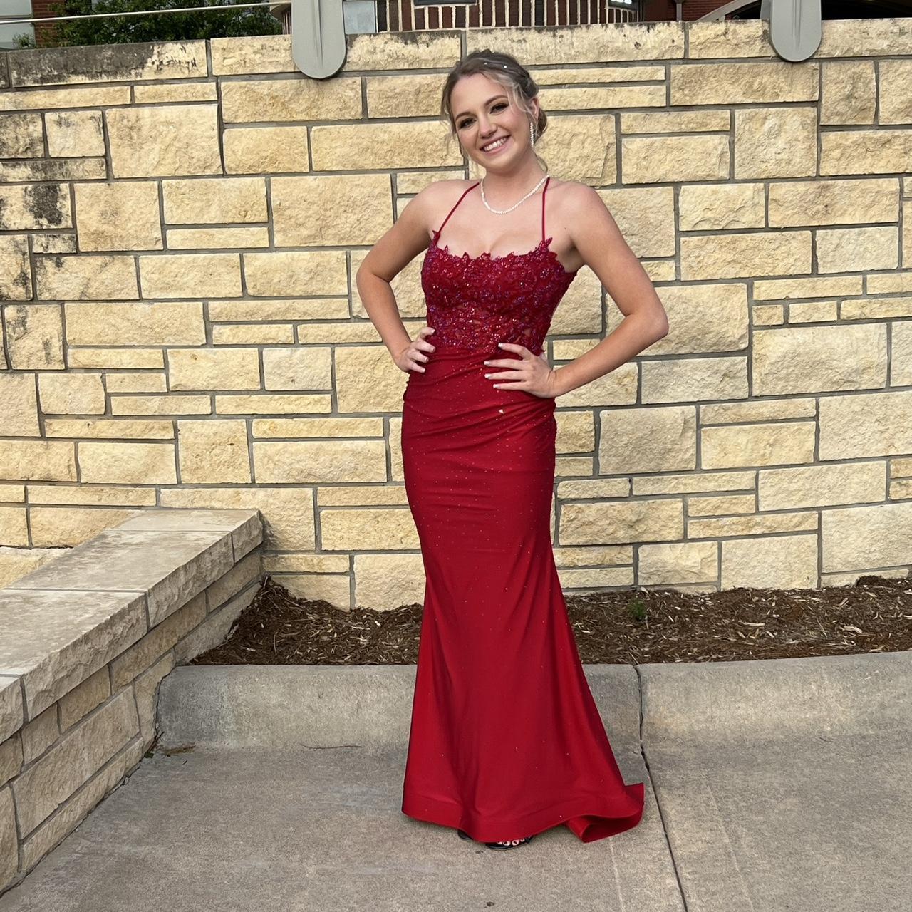 Red Prom Dress with Gems. Open back, altered to fit... - Depop