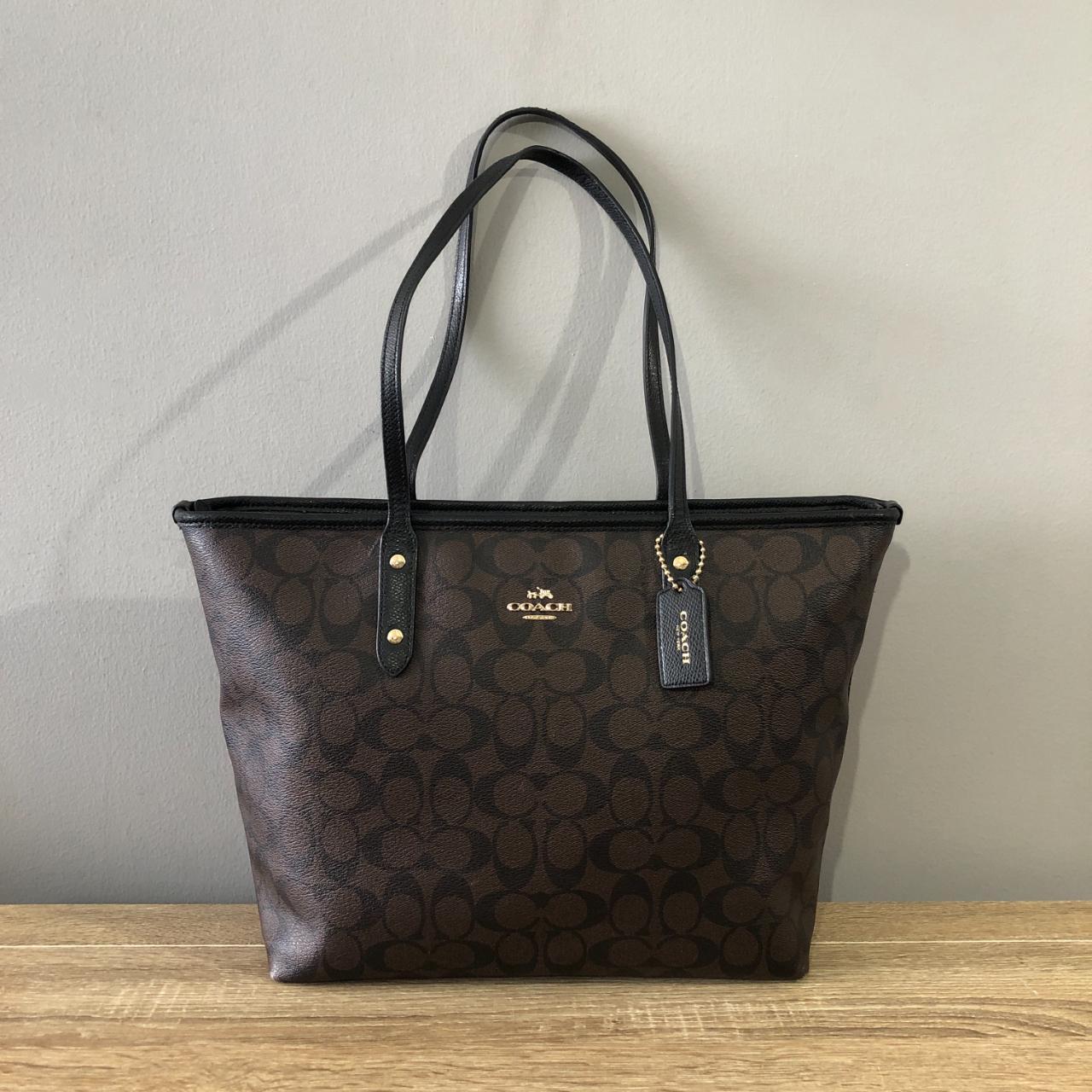 Coach Signature Coated Canvas Brown/Black Zip Top... - Depop