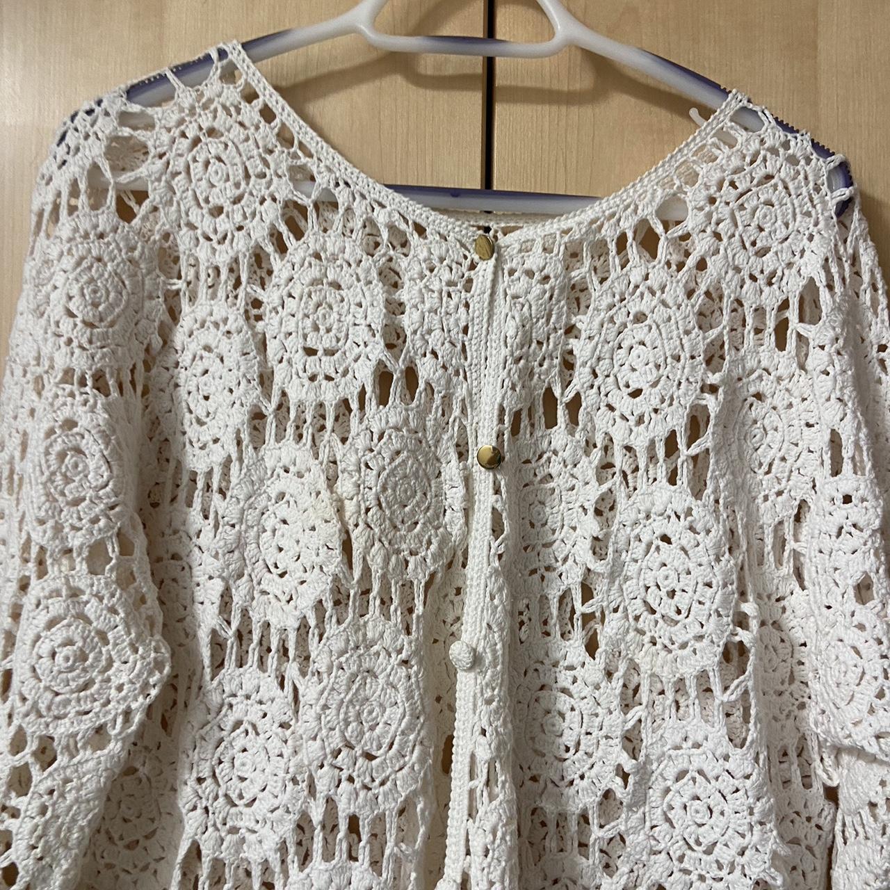 White crochet cardigan, so cute for layering, floral... - Depop