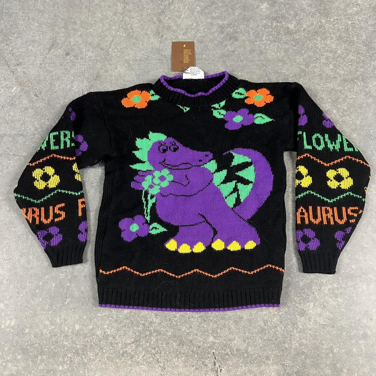 Vintage Hot Cashews youth kids dinosaur knit sweater... - Depop