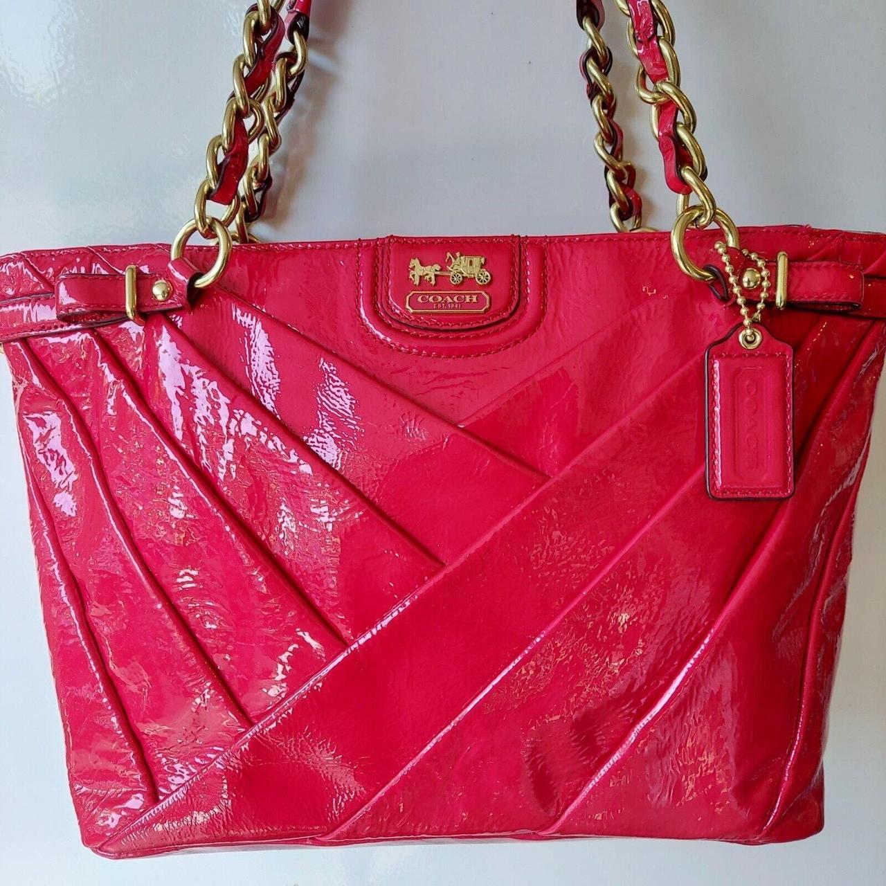 バッグ Coach Red Madison Patent Leather Handbag Coach Madison Lindsey Red Diagonal Pleated Patent | Depop