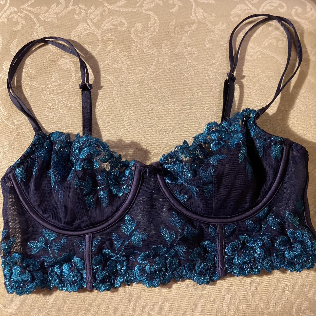 Dark blue lace corset with turquoise flower accents. - Depop