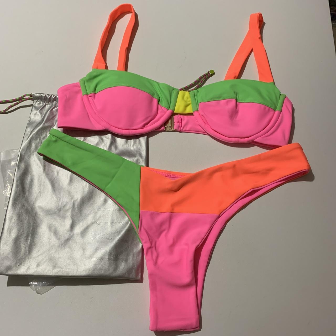 Bright green bikini, underwire, clip up back, thong - Depop