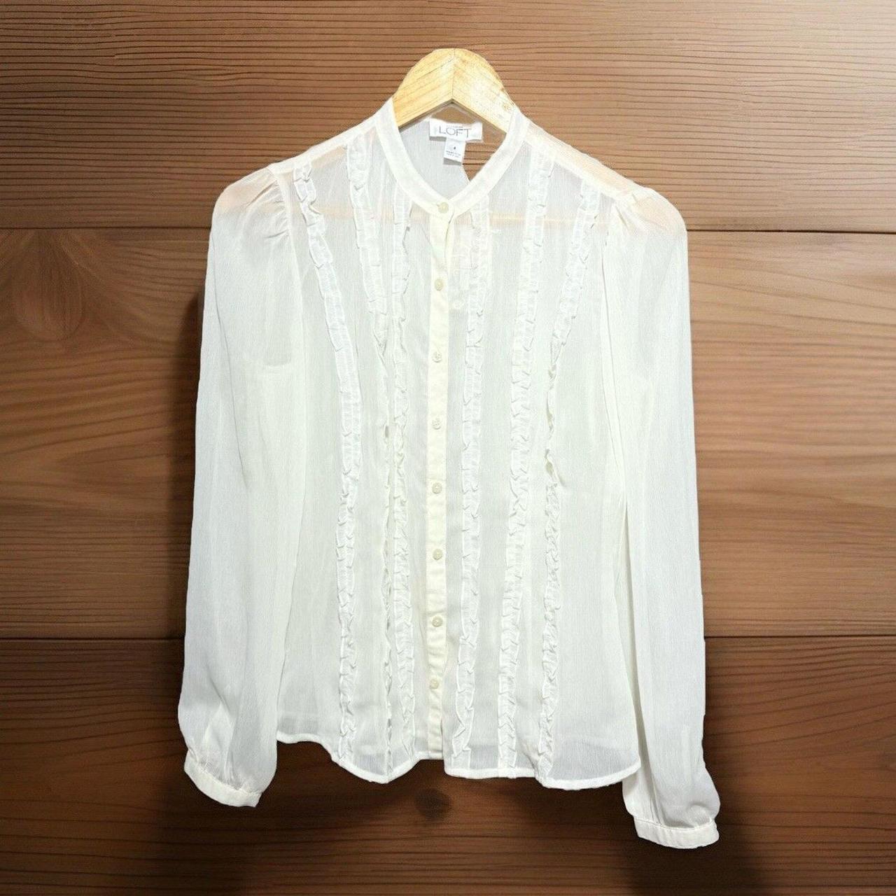 Women's Blouse - Cream - 4 – Ann Taylor LOFT Sheer Button-Down Ruffle Blouse …