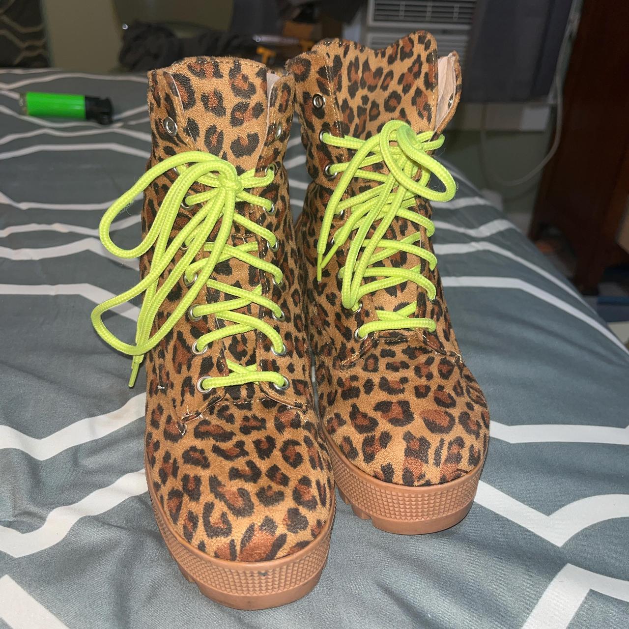Women's Biker Boots - Multi/Brown - US 6 – Neon green and cheetah print timberland style …